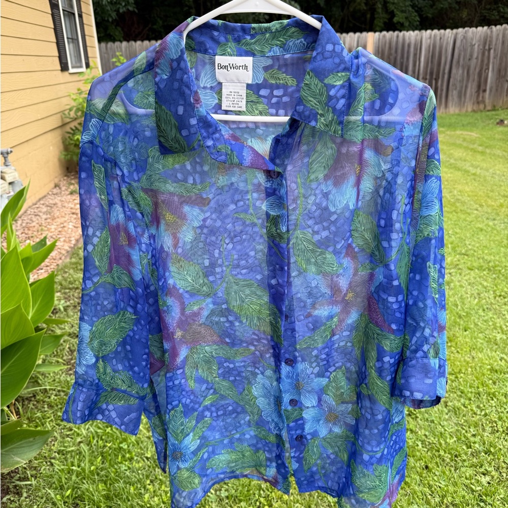 BonWorth Blue and Green Floral Sheer Blouse